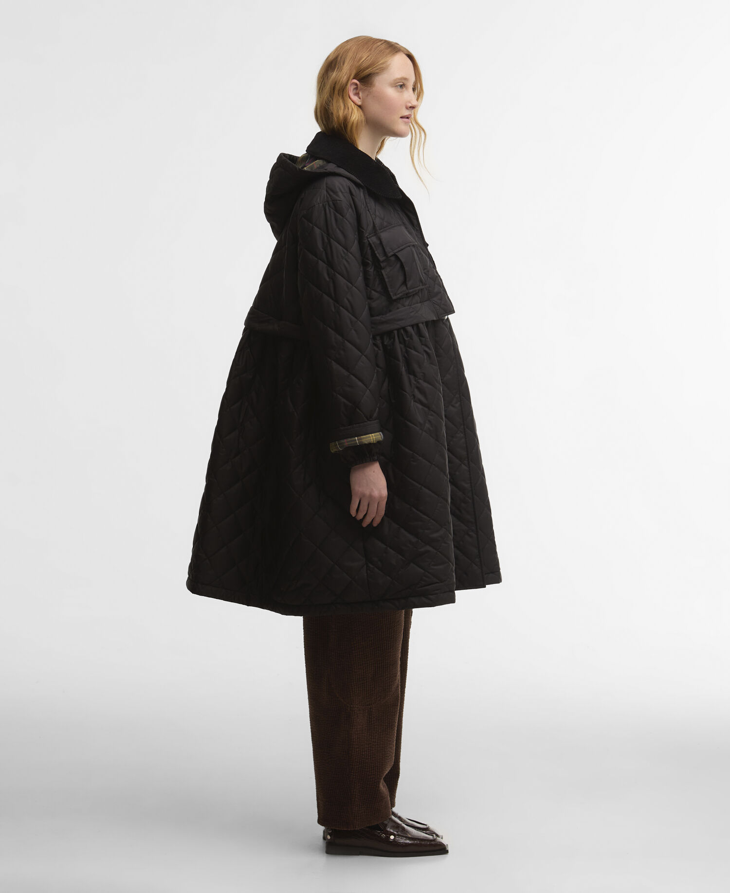 Barbour x GANNI Peplum Longline Quilted Jacket Black/Classic Tartan