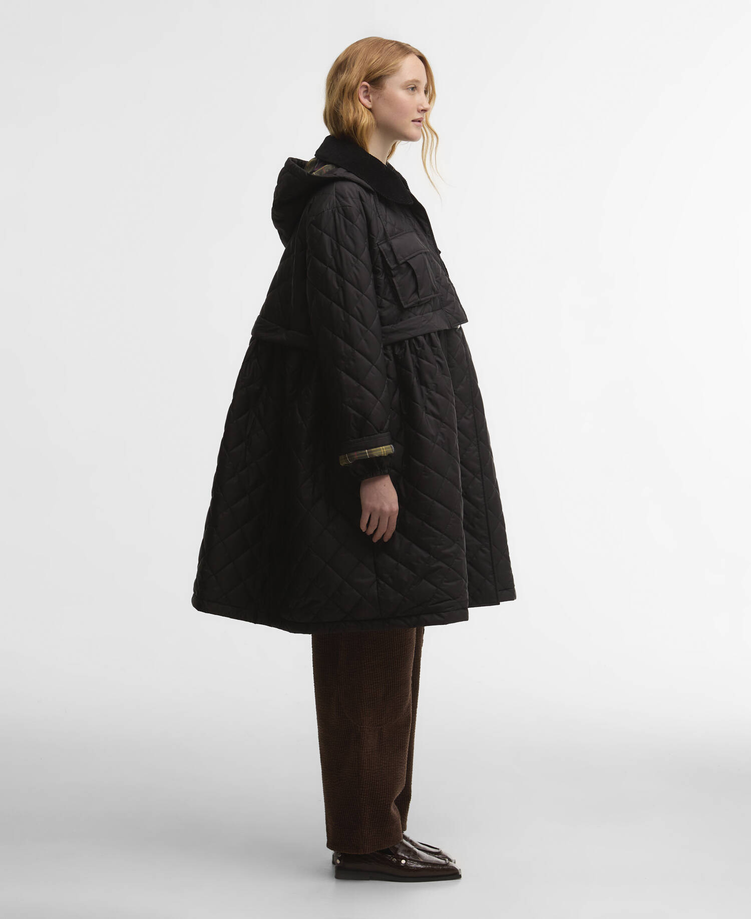 Barbour x GANNI Peplum Longline Quilted Jacket Black/Classic Tartan image number 5
