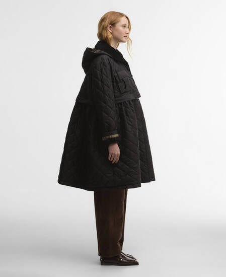 Barbour x GANNI Peplum Longline Quilted Jacket Black/Classic Tartan