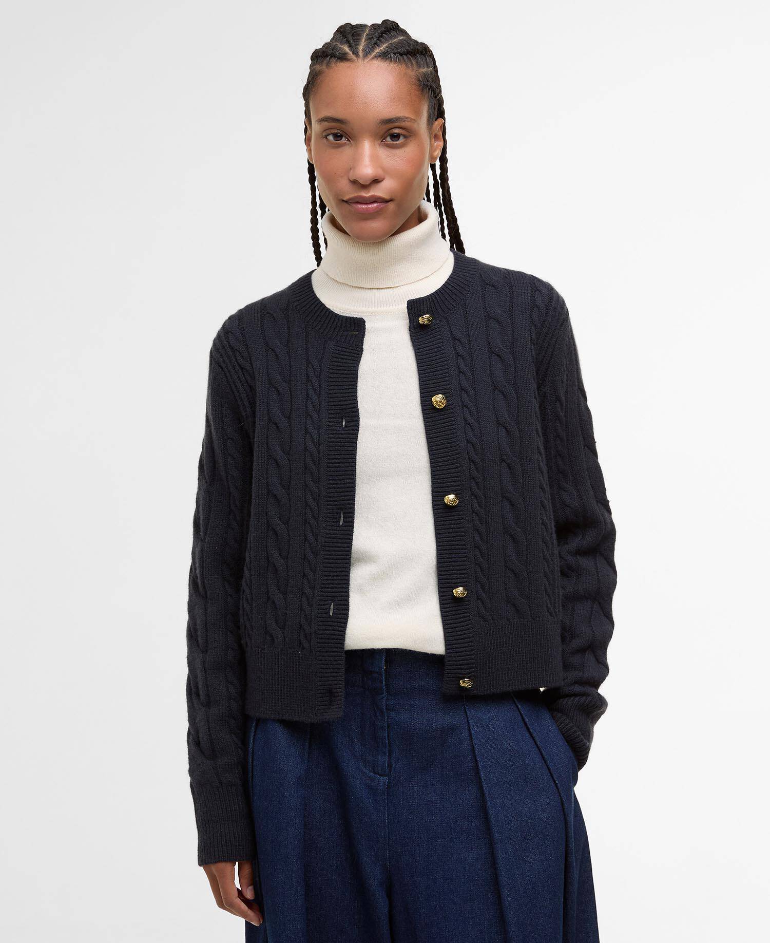Elina Wool-Cashmere Cable-Knit Cardigan Dark Navy image number 0