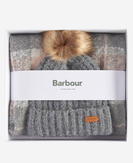 Saltburn Beanie & Tartan Scarf Gift Set Grey Rose
