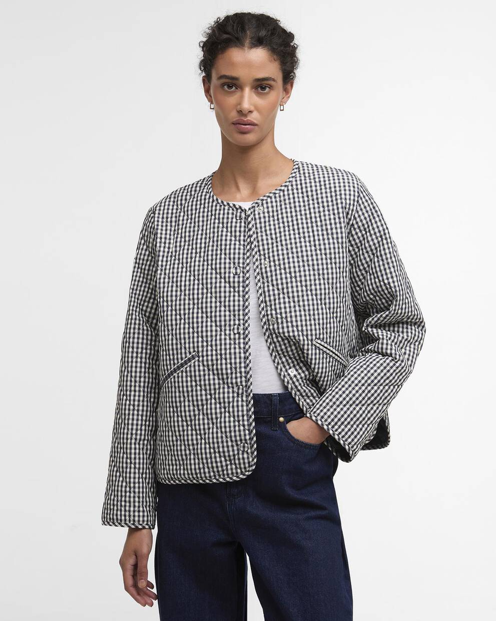 Cashel Gingham Collarless Quilted Jacket