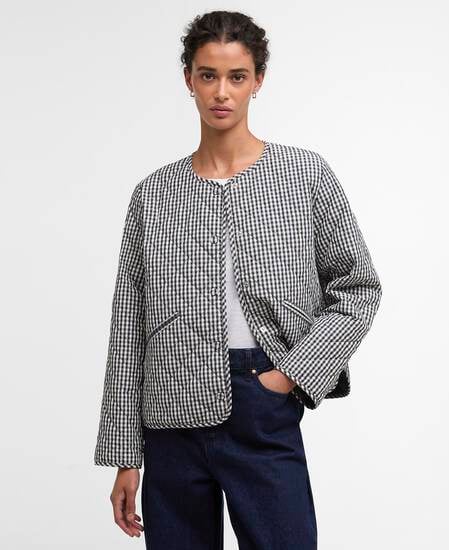 Cashel Gingham Collarless Quilted Jacket Navy Gingham/Dark Navy