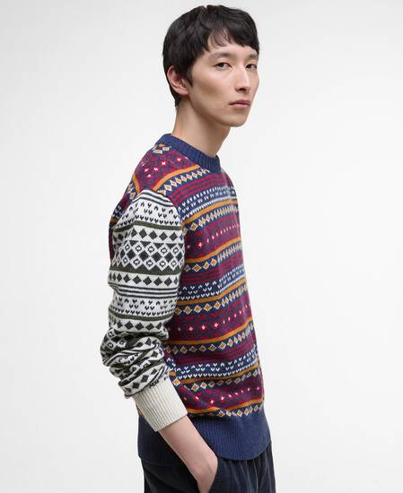 Patchwork Fair Isle Crew Neck Jumper Navy Mix