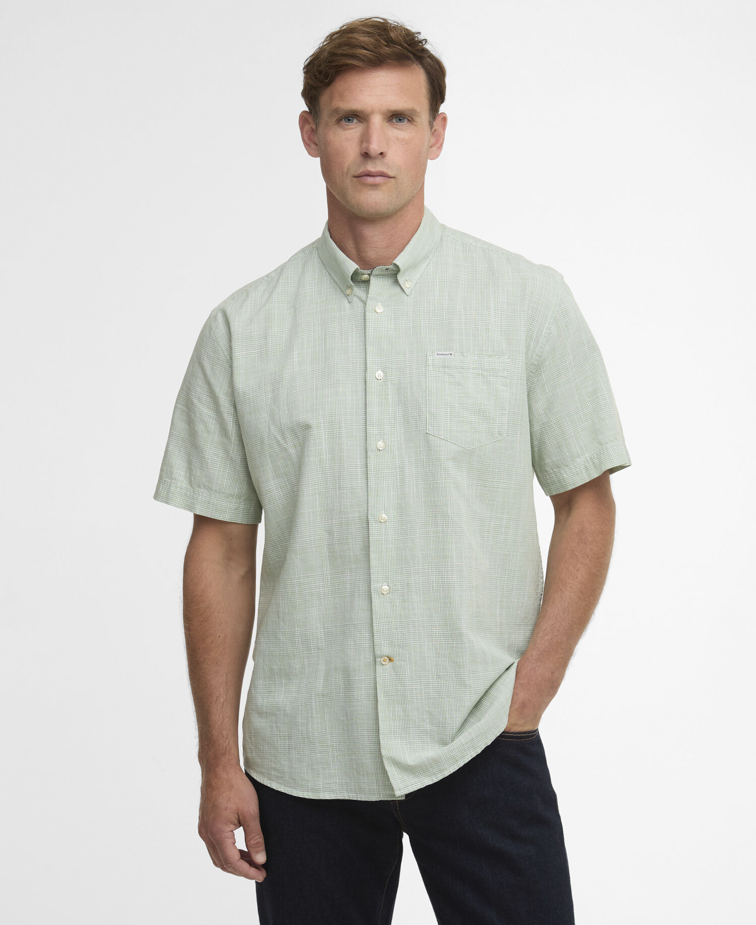Camicia Fleming in misto lino a maniche corte dalla vestibilit&agrave; regular Loden Green
