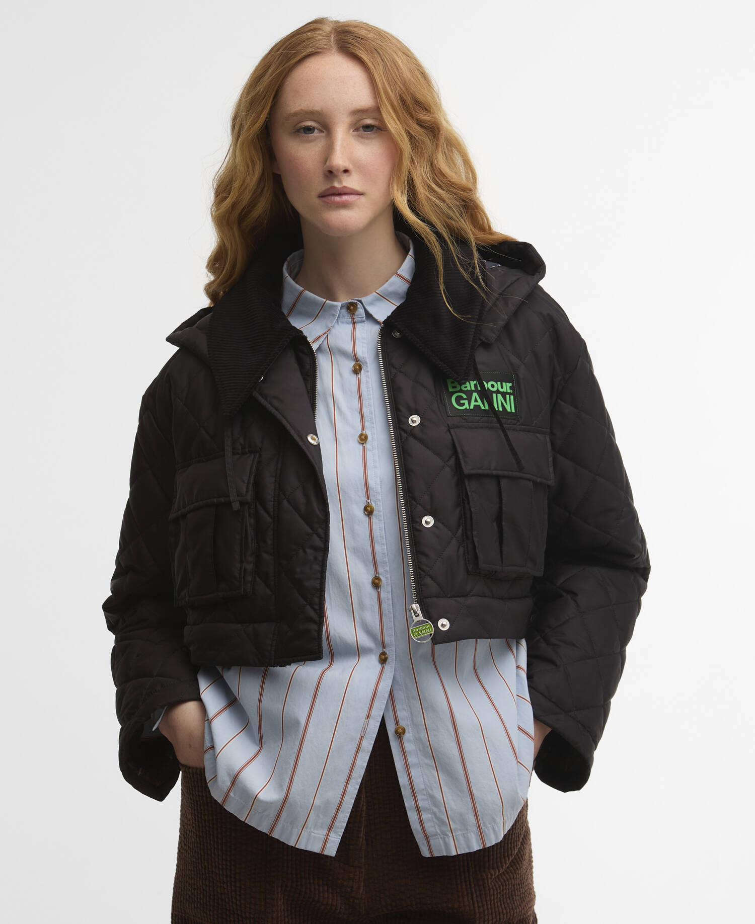 Barbour x GANNI Peplum Longline Quilted Jacket Black/Classic Tartan image number 3