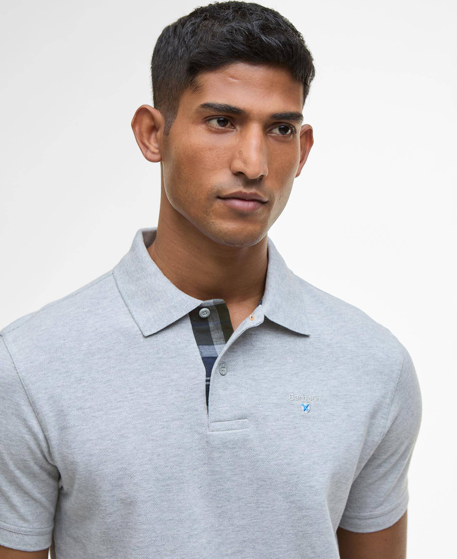 Polo in tartan e piqu&eacute; di cotone Light Grey Marl/Fernwood image number 3