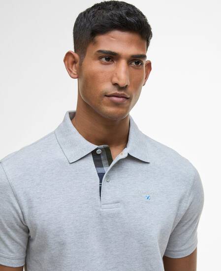Tartan Pique Polo Shirt Light Grey Marl/Fernwood