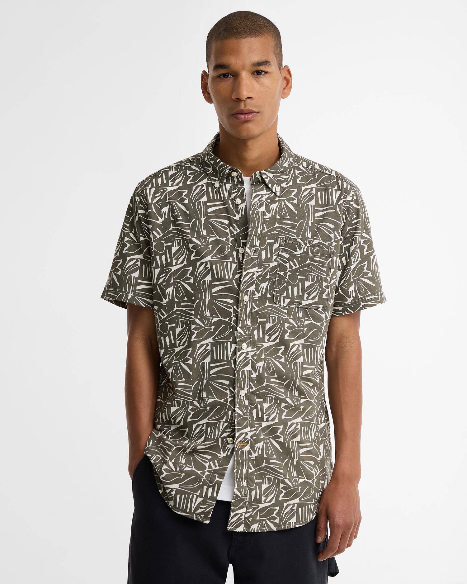 Orton Printed Tailored Short-Sleeved Shirt Olive image number 0