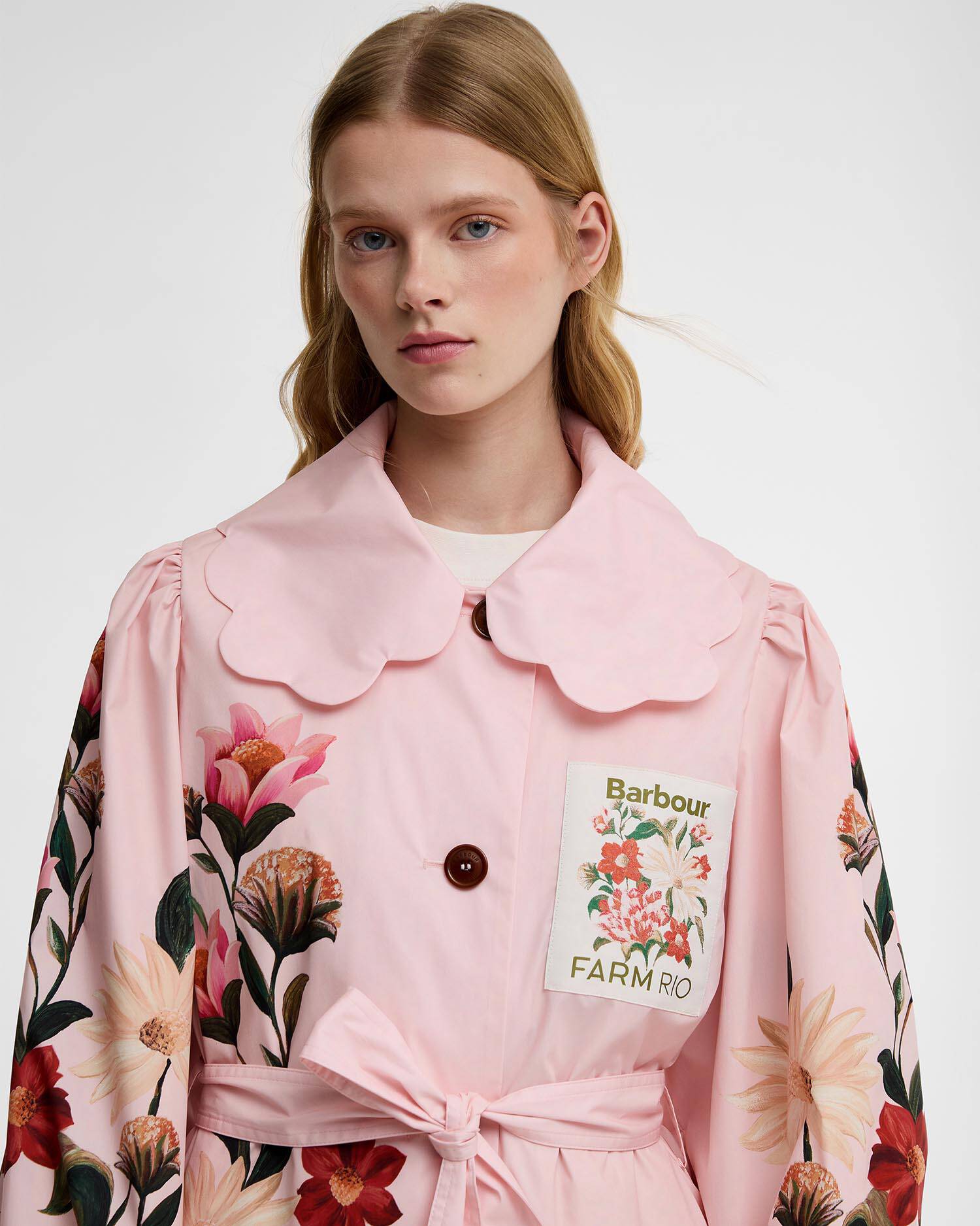 Barbour FARM Rio Bromelia Showerproof Trench Coat Pink Edens Bloom/Cream Flower image number 3