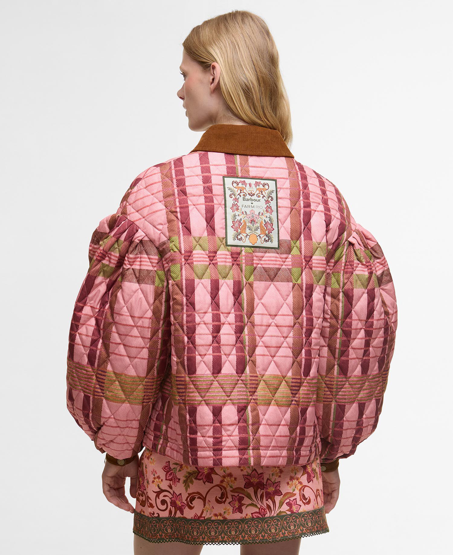 Barbour FARM Rio Ana-Clara Quilted Jacket Pink Tartan/Beige Heart Print