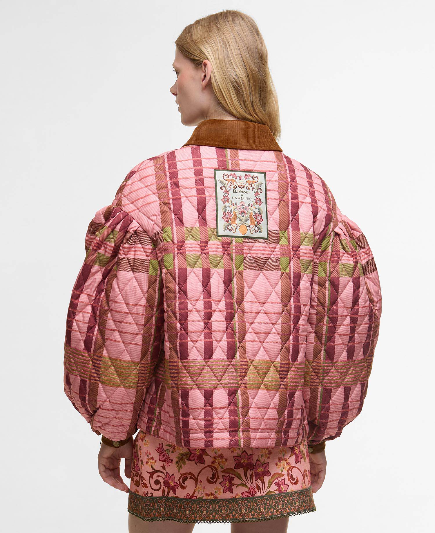 Barbour FARM Rio Ana-Clara Quilted Jacket Pink Tartan/Beige Heart Print image number 2