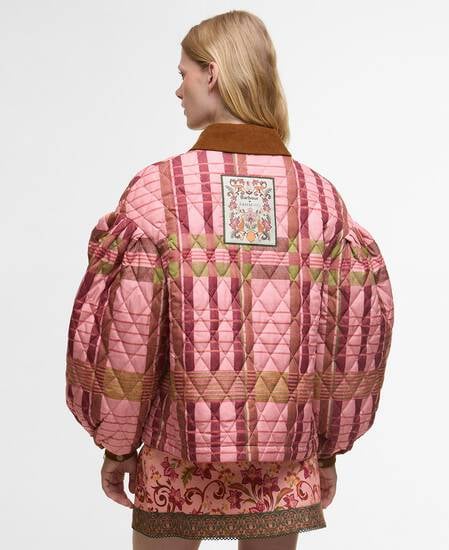 Barbour FARM Rio Ana-Clara Quilted Jacket Pink Tartan/Beige Heart Print