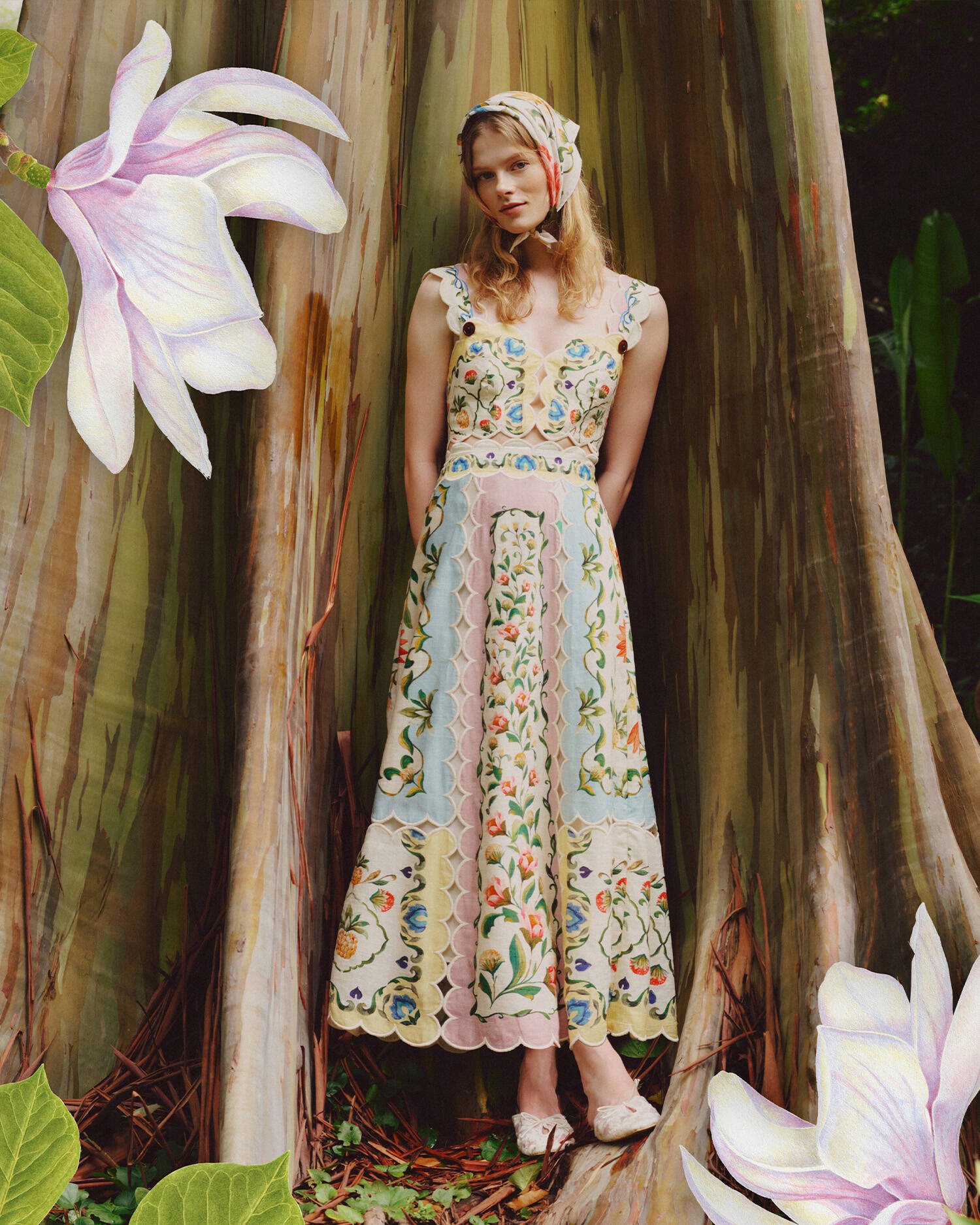 Barbour FARM Rio Petal Midi Dress Cream Spring Petal Flower Print image number 0