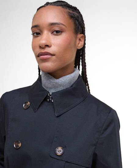 Short Greta Showerproof Trench Coat Dark Navy/Hessian Tartan