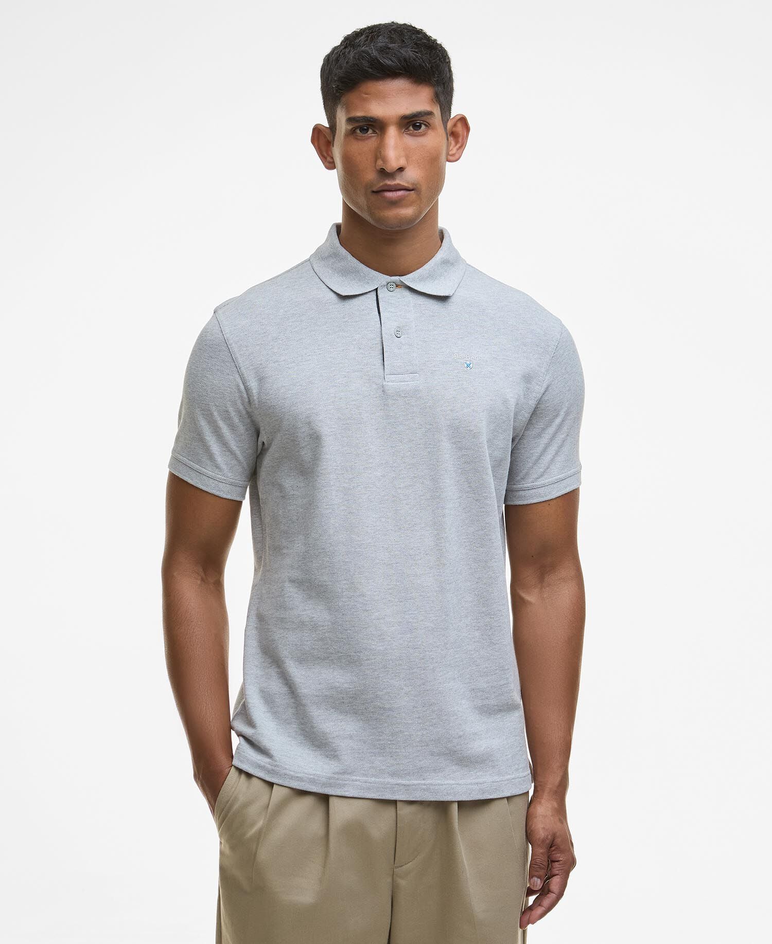 Polo in tartan e piqu&eacute; di cotone Light Grey Marl/Fernwood