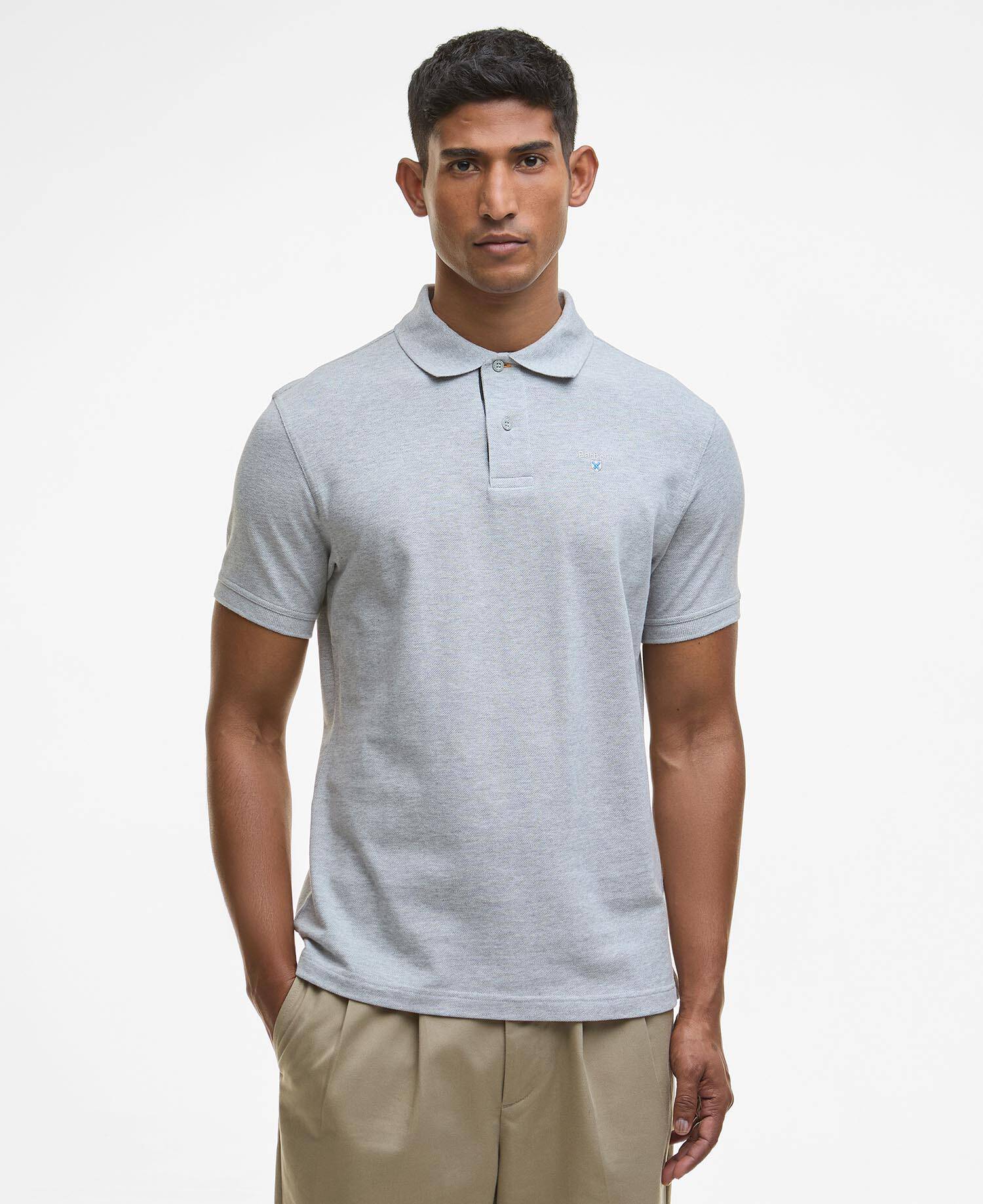 Polo in tartan e piqu&eacute; di cotone Light Grey Marl/Fernwood image number 0