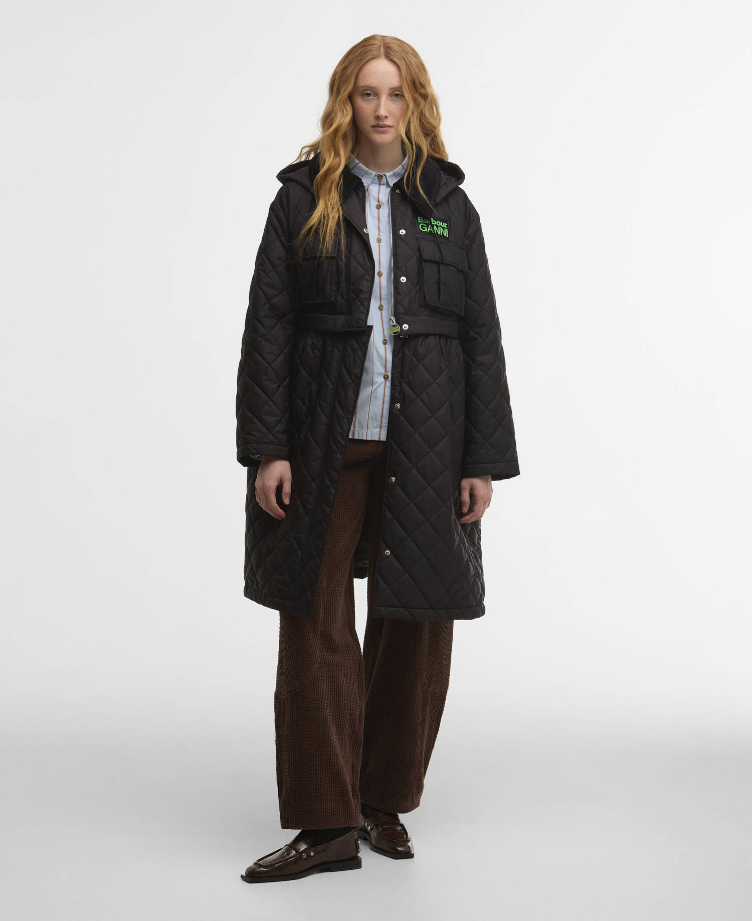 Barbour x GANNI Peplum Longline Quilted Jacket Black/Classic Tartan image number 1