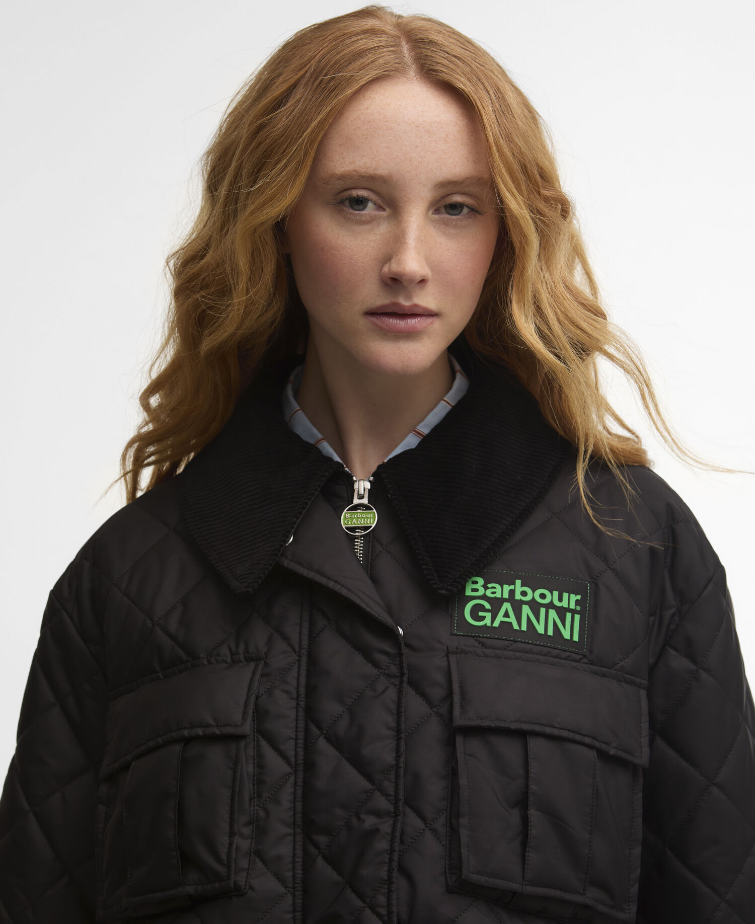 Barbour x GANNI Peplum Longline Quilted Jacket Black/Classic Tartan