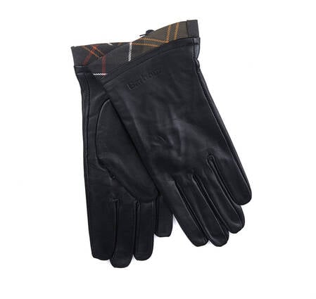 Tartan Trimmed Leather Gloves Black-Classic