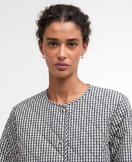 Cashel Gingham Collarless Quilted Jacket Navy Gingham/Dark Navy