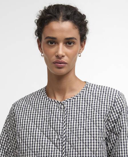 Cashel Gingham Collarless Quilted Jacket Navy Gingham/Dark Navy
