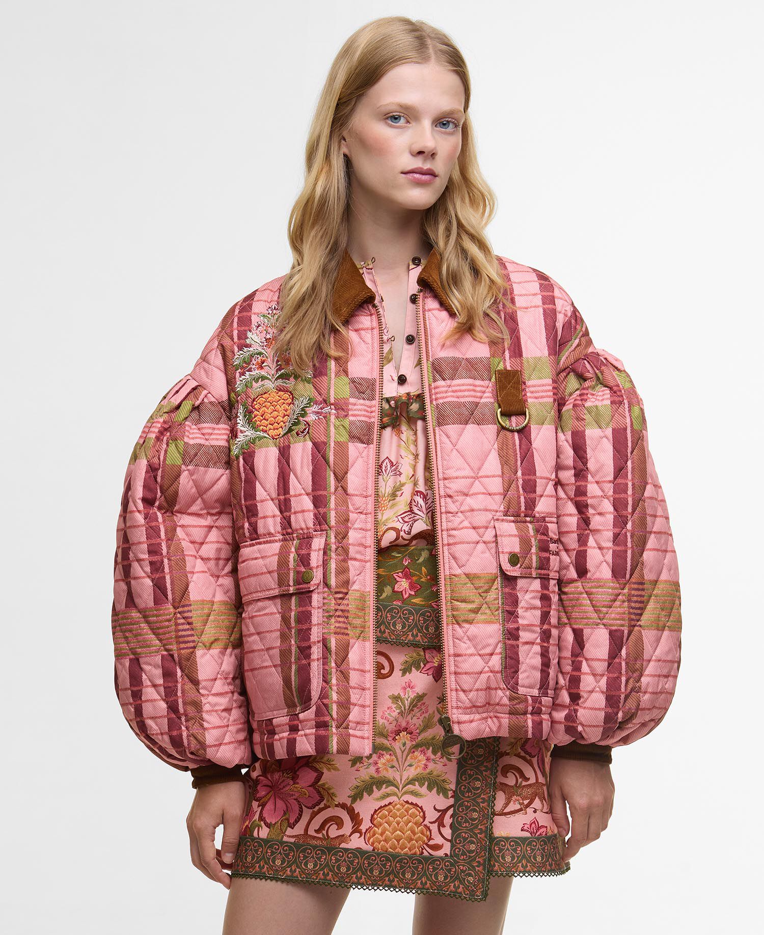 Barbour FARM Rio Ana-Clara Quilted Jacket Pink Tartan/Beige Heart Print