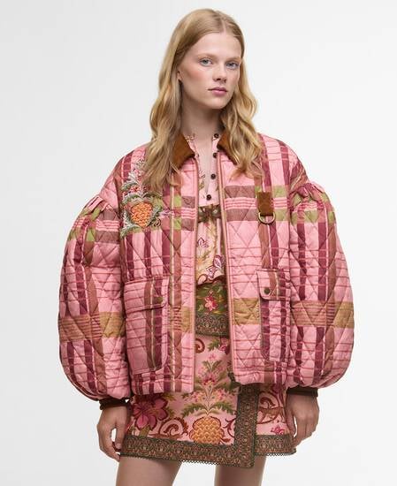 Barbour FARM Rio Ana-Clara Quilted Jacket Pink Tartan/Beige Heart Print
