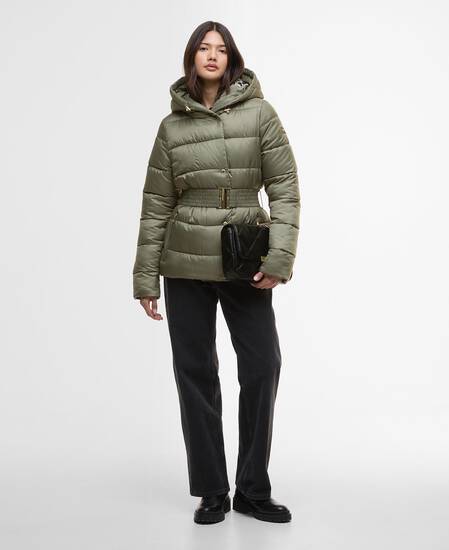 Piumino Track Line dal taglio corto Dusky Khaki/Jasmine Leopard Print