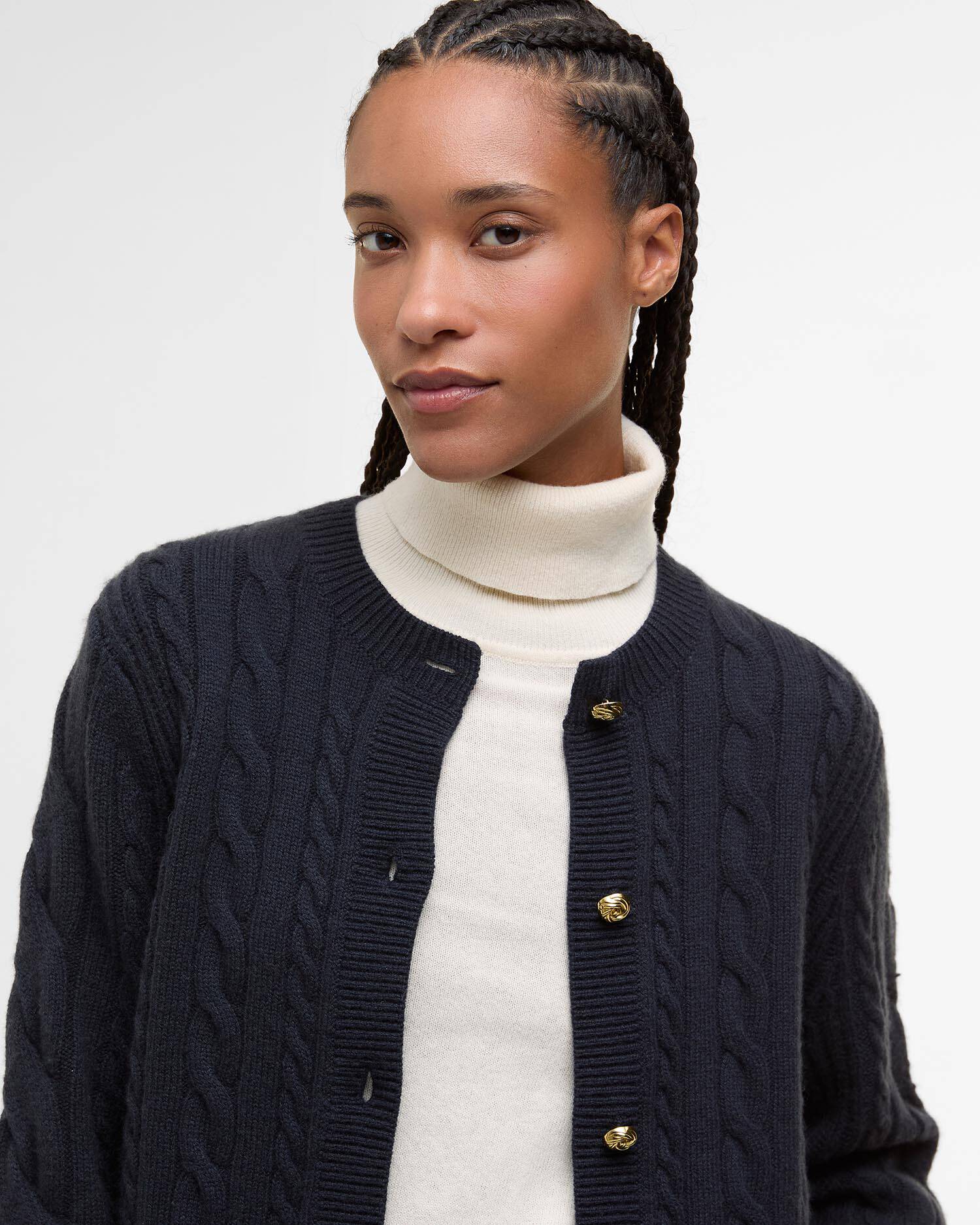 Elina Wool-Cashmere Cable-Knit Cardigan Dark Navy image number 3