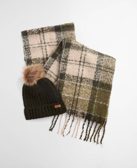 Saltburn Beanie & Tartan Scarf Gift Set Ancient Loden/Dk Green