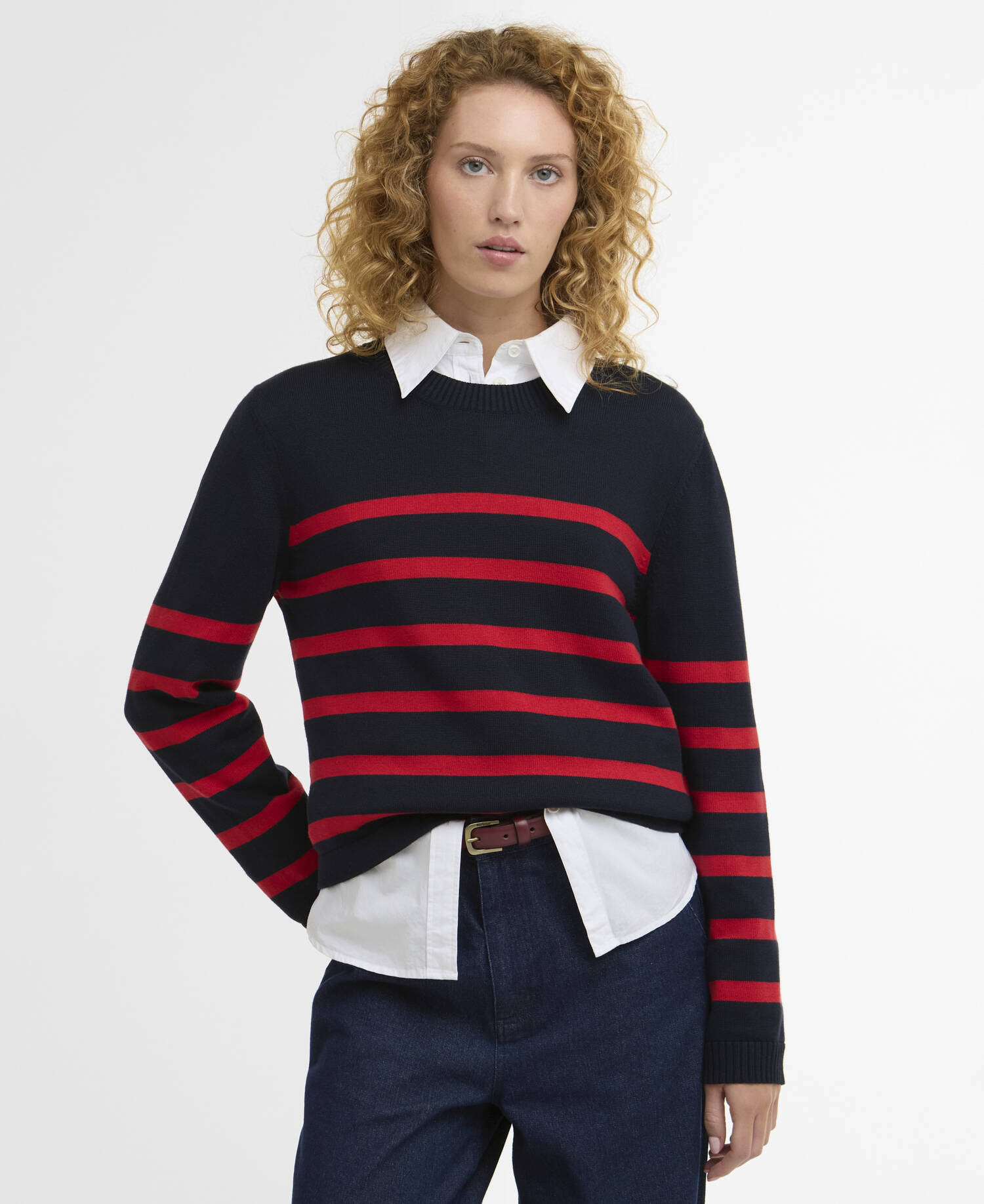 Fern Striped Crew Neck Jumper Navy/Poppy Red image number 0