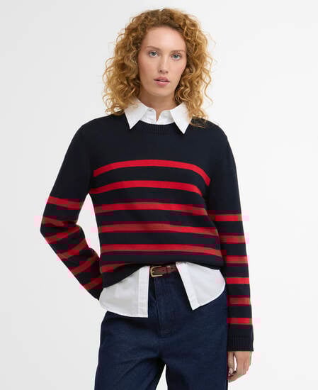 Fern Striped Crew Neck Jumper Navy/Poppy Red