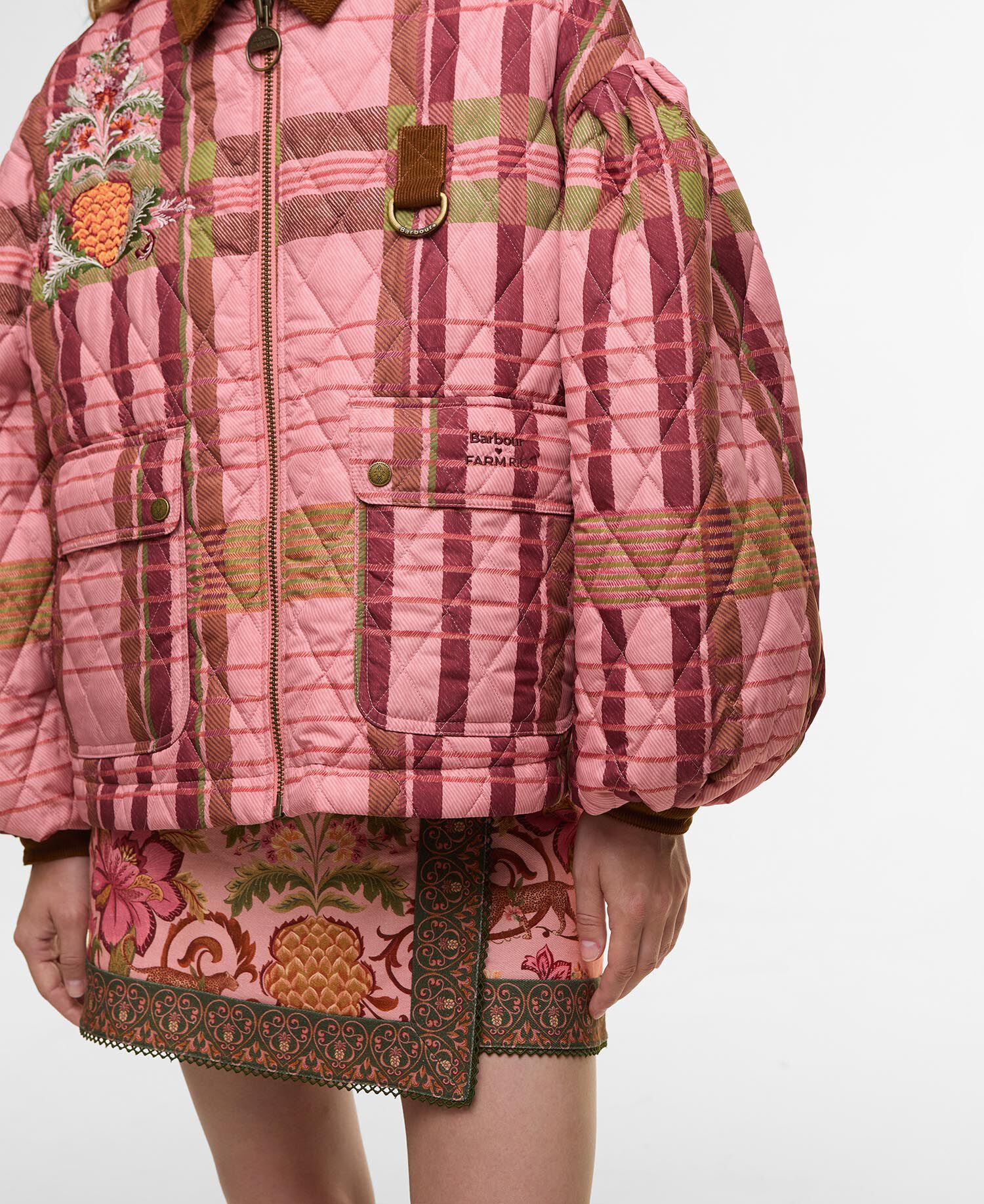 Barbour FARM Rio Ana-Clara Quilted Jacket Pink Tartan/Beige Heart Print