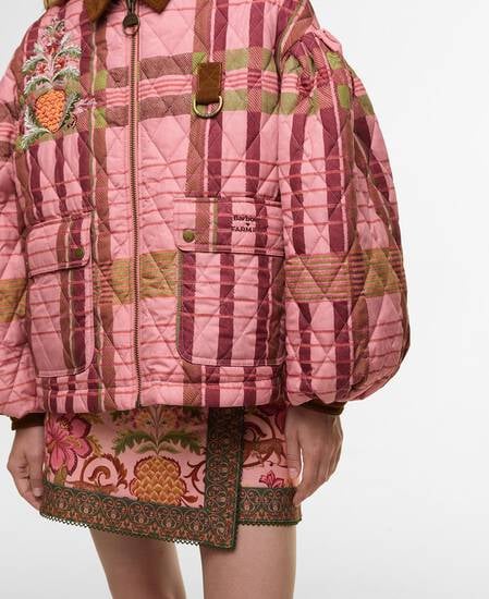 Barbour FARM Rio Ana-Clara Quilted Jacket Pink Tartan/Beige Heart Print