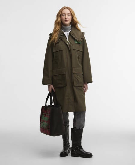 Barbour x GANNI Waterproof Parka Jacket Olive/Classic Tartan