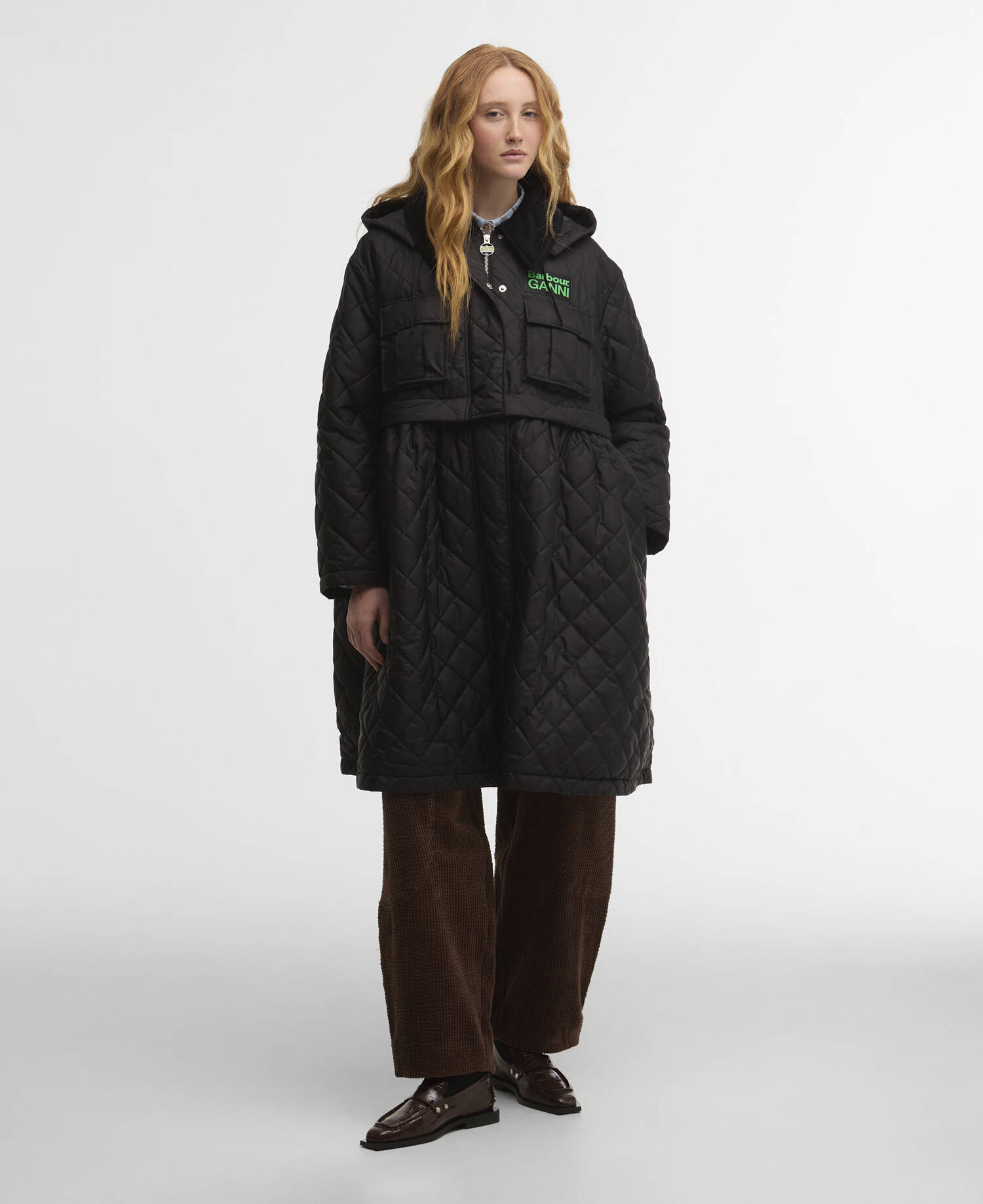 Barbour x GANNI Peplum Longline Quilted Jacket Black/Classic Tartan image number 0