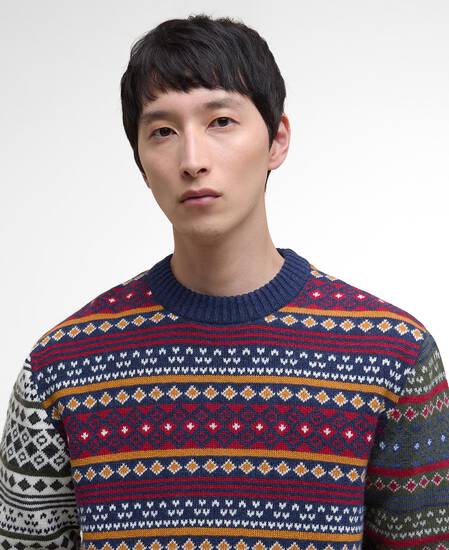 Patchwork Fair Isle Crew Neck Jumper Navy Mix