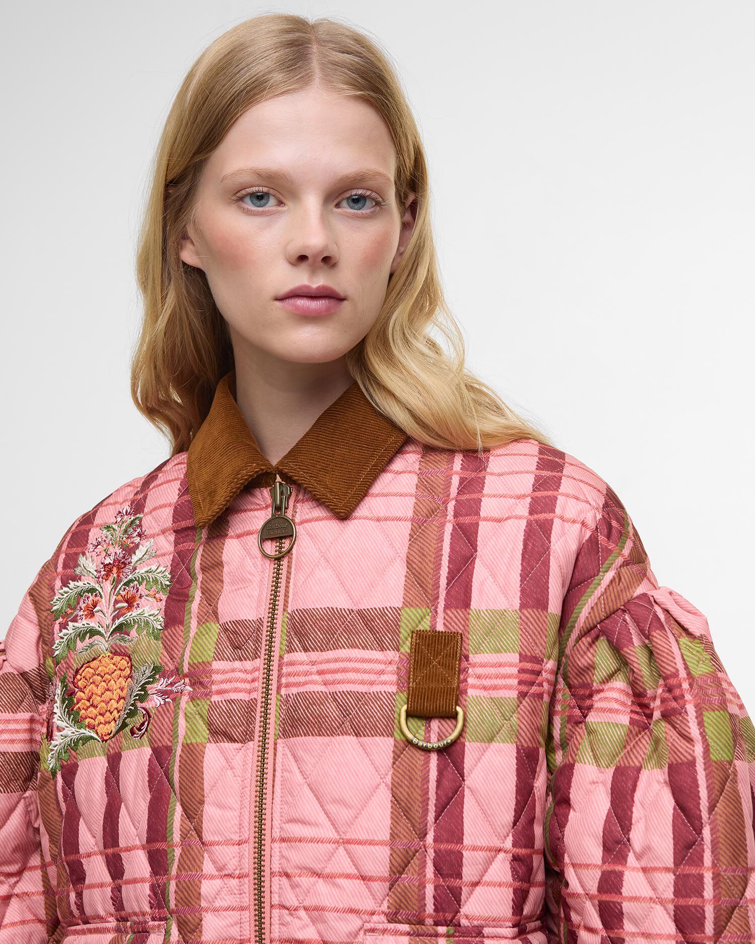 Barbour FARM Rio Ana-Clara Quilted Jacket Pink Tartan/Beige Heart Print