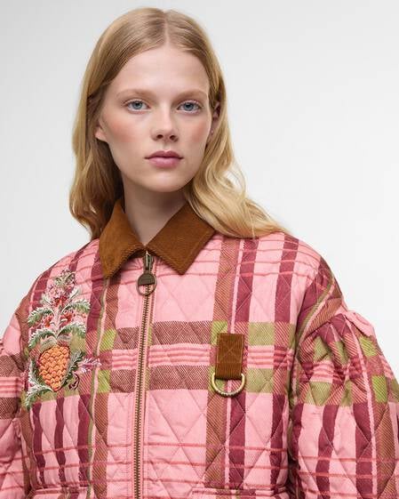 Barbour FARM Rio Ana-Clara Quilted Jacket Pink Tartan/Beige Heart Print