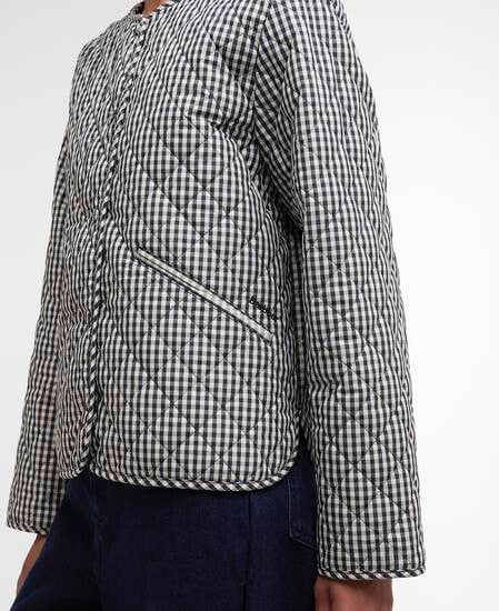 Cashel Gingham Collarless Quilted Jacket Navy Gingham/Dark Navy