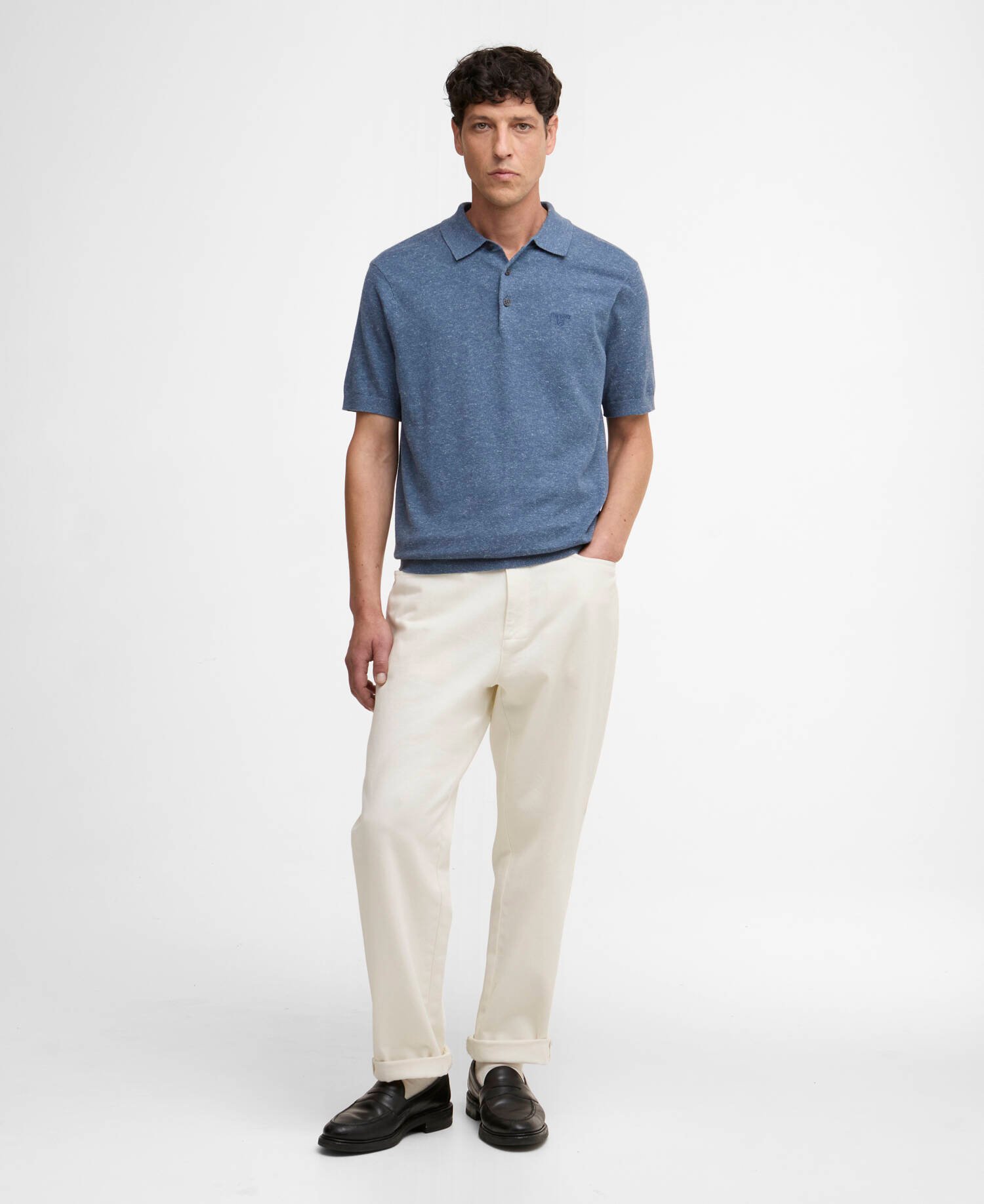 Muston Linen-Blend Knitted Polo Shirt Denim image number 1