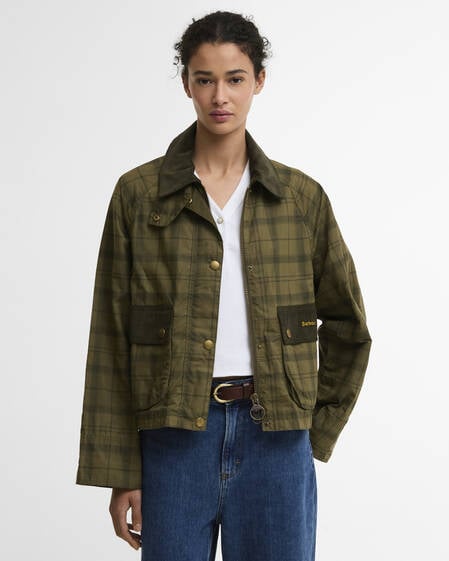 Giacca casual Beadnell in tartan con taglio crop Dusky Green Tartan/Highland