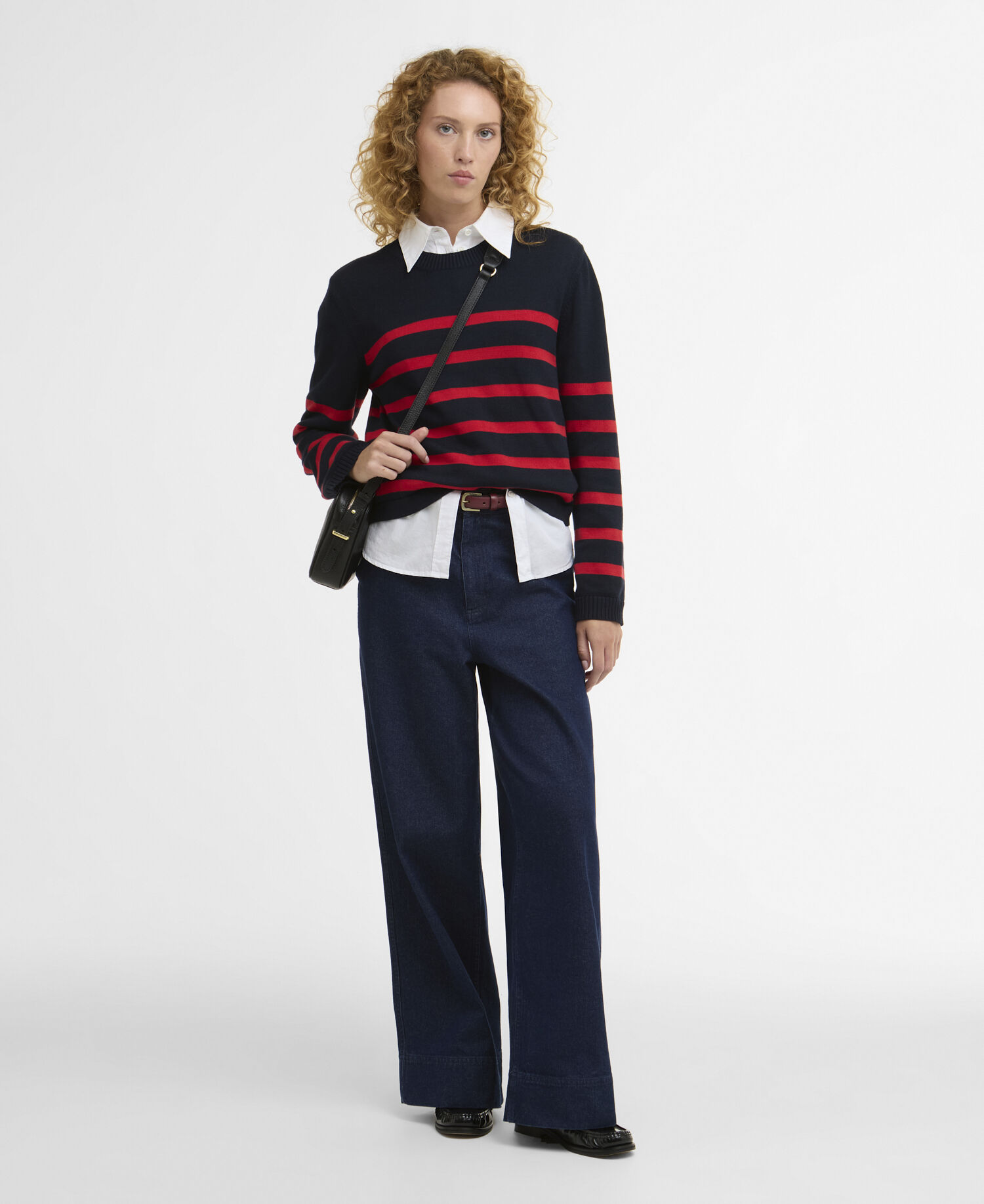 Fern Striped Crew Neck Jumper Navy/Poppy Red