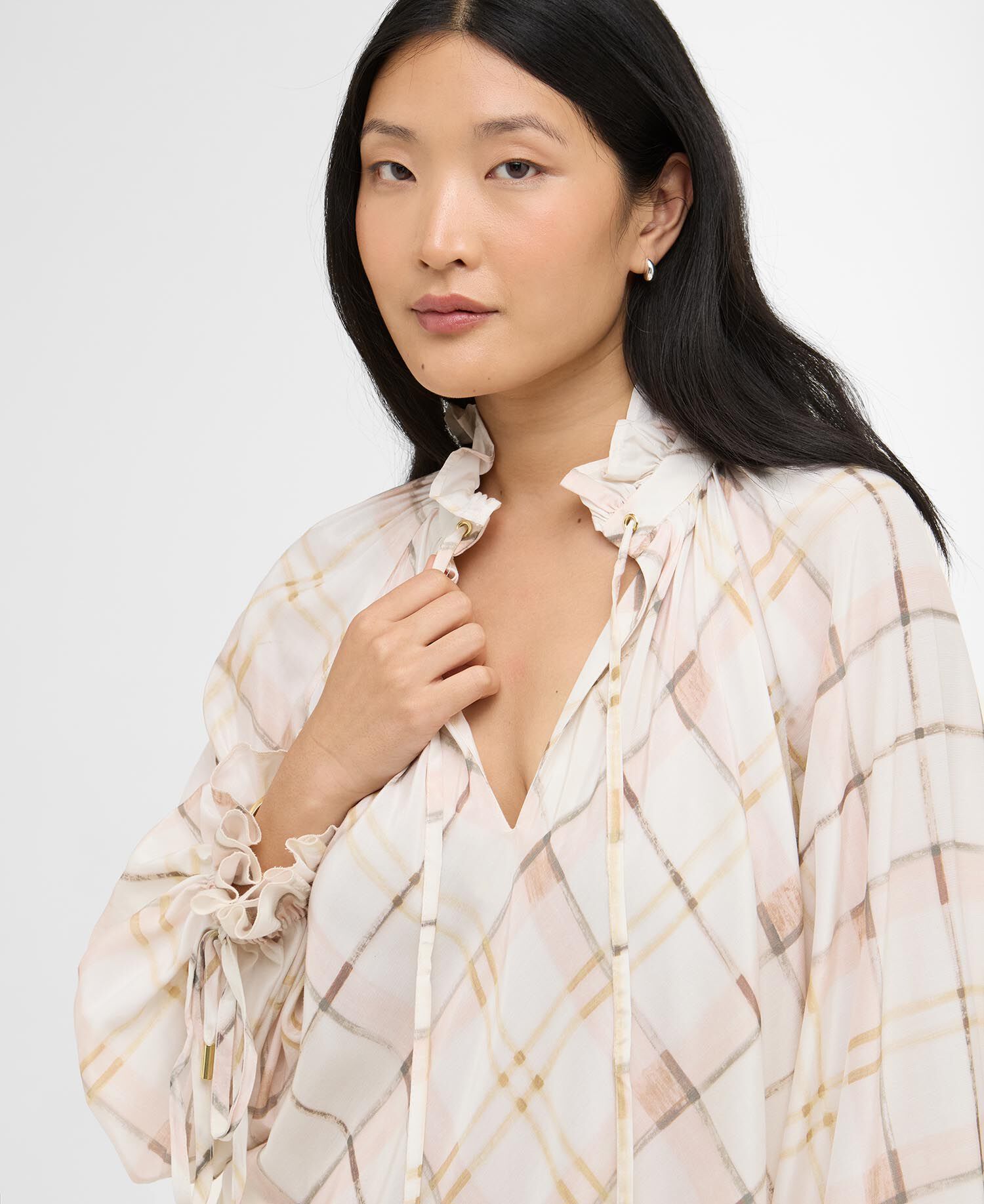 Asker Check Ruffled Blouse Silver Peony Painted Check