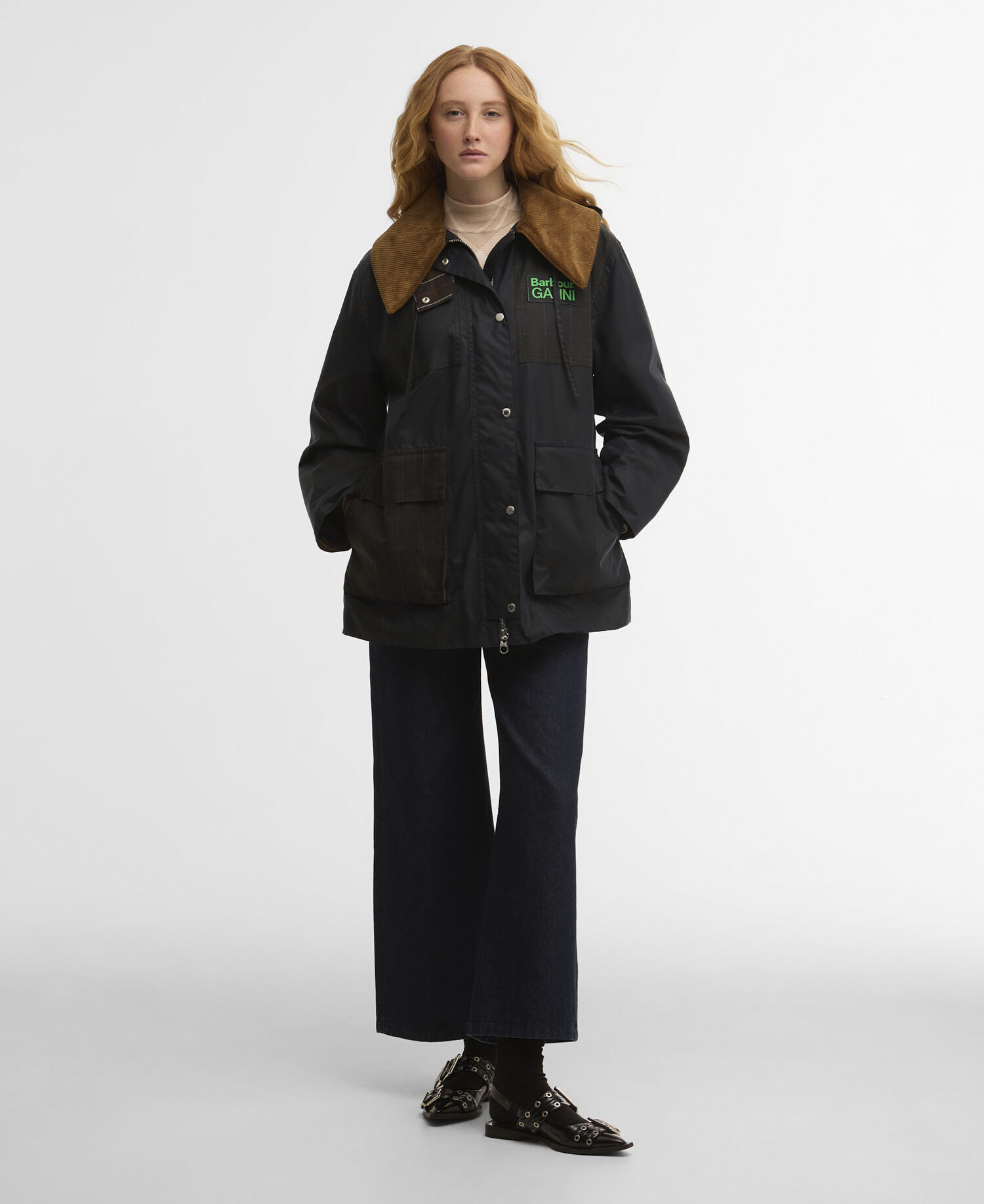 Barbour x GANNI Waxed Duffle Coat Navy/Classic Tartan