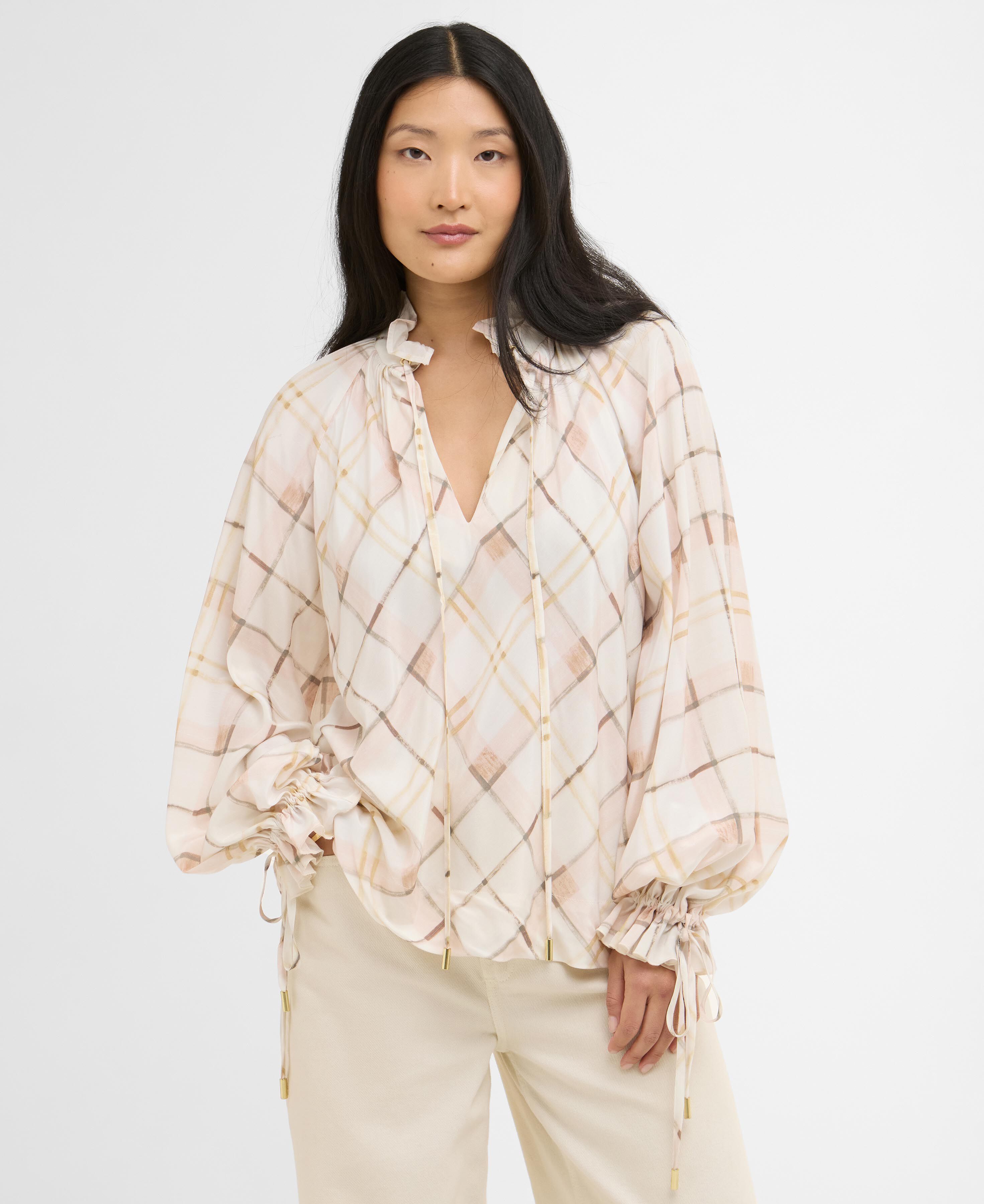 Bluse Asker Check Ruffled Silver Peony Painted Check