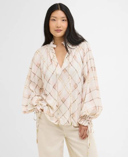 Asker Check Ruffled Blouse Silver Peony Painted Check