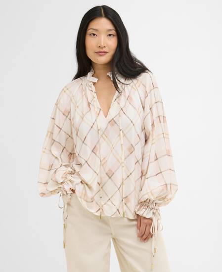 Asker Check Ruffled Blouse Silver Peony Painted Check