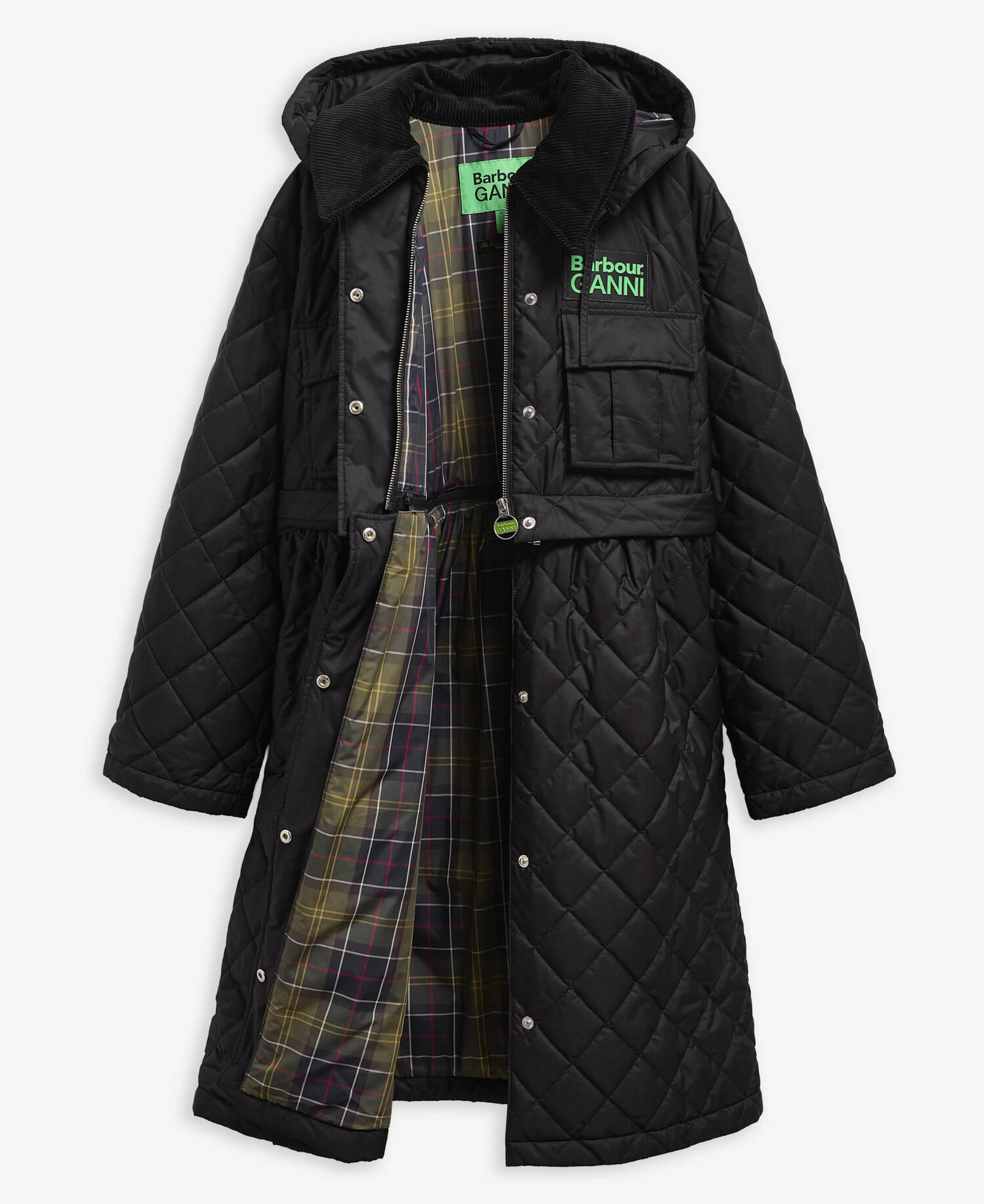 Barbour x GANNI Peplum Longline Quilted Jacket Black/Classic Tartan image number 6